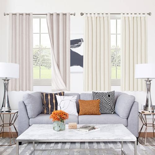 PrinceDeco Primitive Textured Linen 100% Blackout Curtains Bundle Tab Top Linen Curtains, 52 x 63 -Inch - Ivory