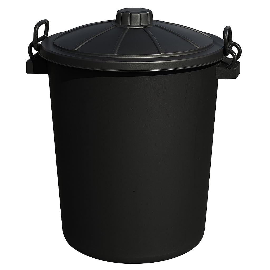 1 x 50L Large Black Heavy-Duty Plastic Bin with Clip-Lock Lid – Size: 40cm (D) x 52cm (H) – Multi-Colour Indoor/Outdoor Storage for Rubbish, Waste, or Animal Feed – Ideal for Home & Garden Use