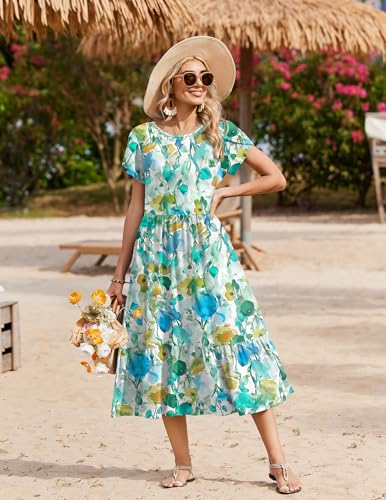 Image of Zeagoo Women Summer Midi A Line Dress Short Sleeve Casual Flowy Tiered Beach Long Sundress with Pockets 2026 Vacation Travel