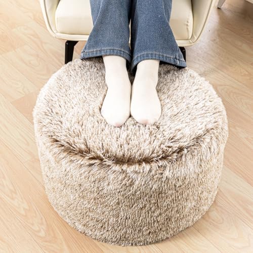AbunHeri Stuffed Ottoman with Modern High Density Foam Faux Fur Pouf Stool Round Foot Stool Cushion Storage Ottoman 20 * 12''Floor Pouf Ottoman Foot Rest for Living Room (Snow Coffee)
