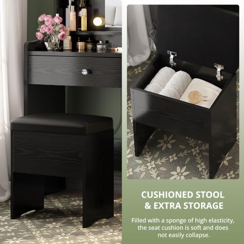Image of LIKIMIO Small Vanity Desk with Mirror Lights and Storage Stool, Black