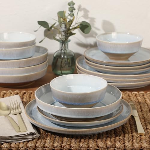 Image of Gibson Elite Hailstone 16 Piece Stoneware Reactive Glaze (Service for 4) Ceramic Plates and Bowls Dinnerware Set - Moon Blue