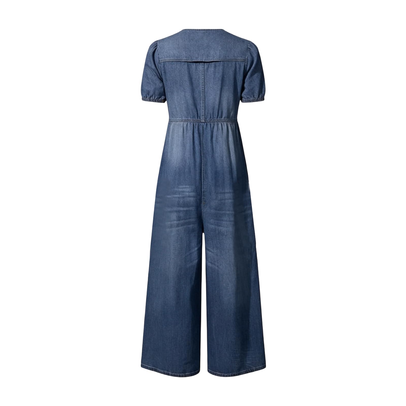 Combinaison en jean avec nœud papillon pour femme - Manches courtes bouffantes - Jambe large - Combinaison décontractée à col en V avec poches - Style vintage - Vêtement de vacances