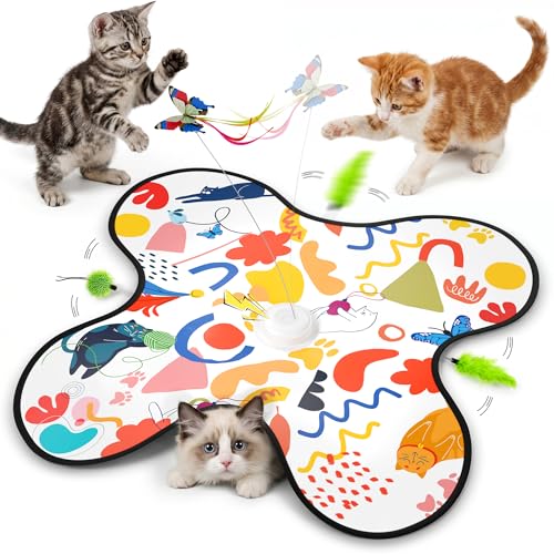 Interactive Cat Toys for Indoor CatsRechargeable Automatic Hide and Seek Kittens Toy with Moving Wand Feathers Fluttering Butterfly Real Mouse Squeaky Motion Activated for Exercise & Bored Adult Cats