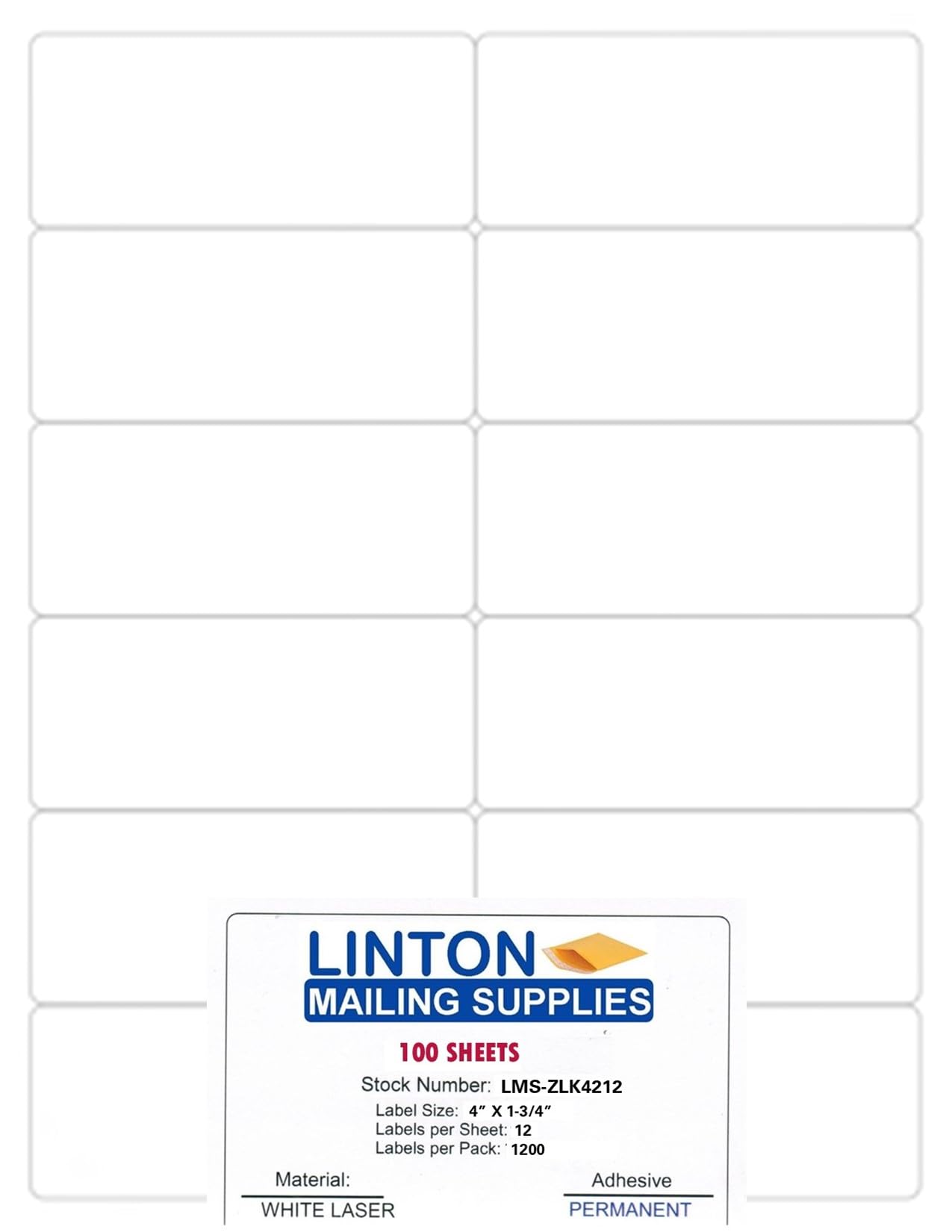White Printable Laser Labels, 4" x 1-3/4", 12 Labels Per Sheet (8.5" x 11"), Peel and Stick, Permanent Adhesive - 100 Sheets (1200 Labels) Per Pack