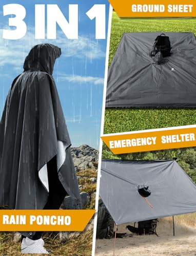 ANYOO Leichter Wasserdichter Regenjacken Wiederverwendbar Ripstop Atmungsaktiver Mehrzweck Regenmantel mit Kapuze Schutzdecke Unterschlupf für im Freien Camping Wandern Angeln, Grau, Einheitsgröße