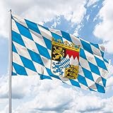 Bayern Flagge – 150 x 100 cm für Fahnenmast, Bayern Fahne mit Wappen & Raute, Hissflagge aus reißfestem Fahnen-Polyester-Stoff, wetterfest und UV-beständig