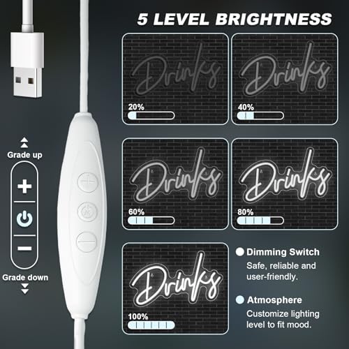 Image of Looklight Drinks Neon Sign Bar Neon Signs for Wall Decor Neon Sign For Room White Neon Light Sign Led Neon Bar Signs USB Connectivity Light Up Wall Decor for Teen Room Bedroom Store