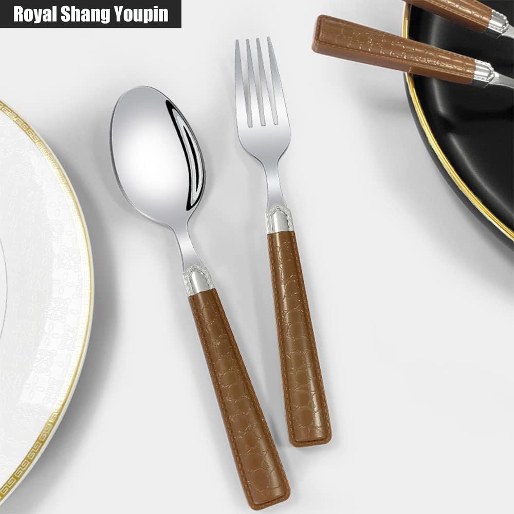 Modello in Pelle ABS Maniglia Da Cucina Acciaio Inossidabile Posate Stoviglie Posate Set Di Posate Coltello Da Bistecca Forchetta Cucchiaio Cucchiaino (Marrone,20 pezzi)