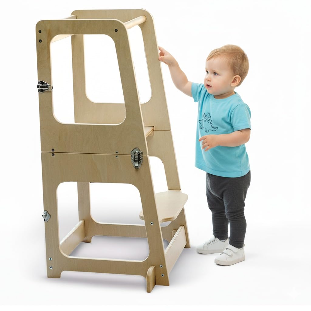 Convertible 2-in-1 Kids Kitchen Stool & Table/Chair, 1-6 Years Wooden Standing Tower with Safety Feet, Montessori Kitchen Step Stool, (Coated)