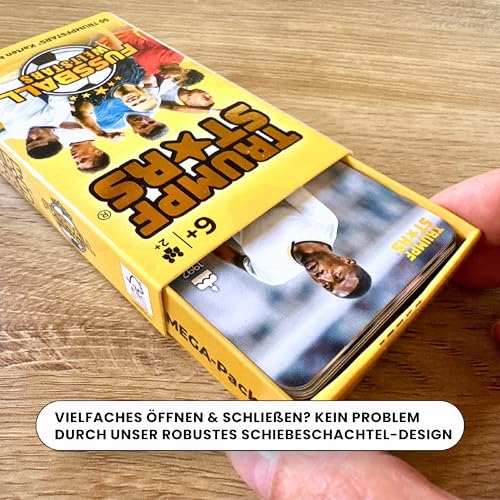 TRUMPFSTARS Fußball Weltstars - 50 Karten mit 50 Top Stars des Weltfußballs - Kartenspiel für 2-8 Spieler - ab 6 Jahren - Deutsche Sprache – Modernes Design - Plastikfrei - Fußballkarten - Qualität