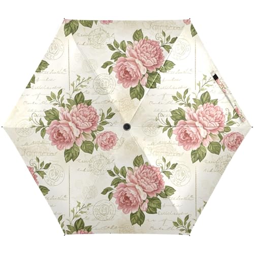 Parapluie compact motif floral vintage rose et beige anti UV pour femme