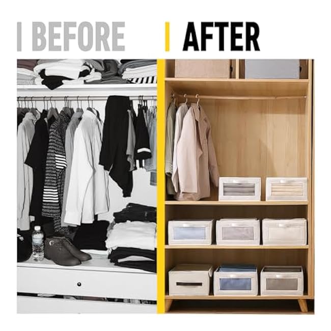 Linen Closet Organizers and Storage Bins,4 Pack Fabric Storage Box with Clear Window,Foldable Closet Baskets for Organizer Toys,Clothes,Scarf,Books,Beige