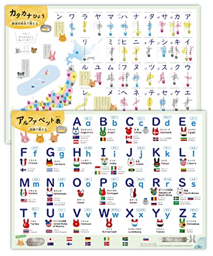 カタカナ アルファベット お風呂 ポスター A2 (60×42cm) 都道府県 国旗 も覚られる 学習ポスター いぬ ねこ うさぎデザイン ノートライフ 日本製 防水 (カタカナ、 ABC セット)