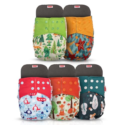 Image of LuvLap Reusable Baby Cloth Diapers Combo Pack of 5 (5 Shell + 5 Pads) Double Leak Guard, High Absorption, Stain-Proof Comfort & Protection, 3m+, Rash Free, Adjustable Waist & Height with Snap Buttons