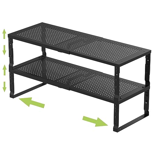 Jojocross Expandable Adjustable Stackable Kitchen Organizer, Spice Rack,Metal Pantry Storage Shelves Racks,Counter Shelf for Cabinets, Countertop, Cupboard (2 Packs/Large/Black)