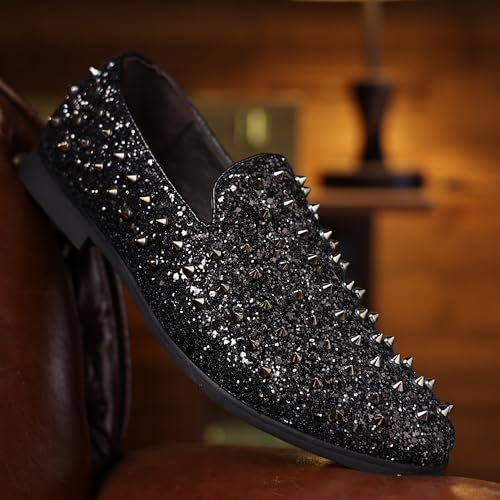 COSIDRAM Men's Vintage Studded Dress Loafers Luxury Rhinestone Tuxedo Glitter Sequins Rivets Wedding Party Prom Shoes4