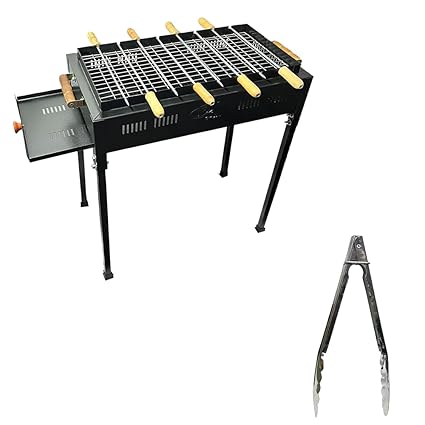 NE GRILLS Portable BBQ Grill & Tong with Pair Of Handle, Food Grill & 8 Skewers | Cast Iron | Ideal for Camping, Hiking, Picnics, and Travel