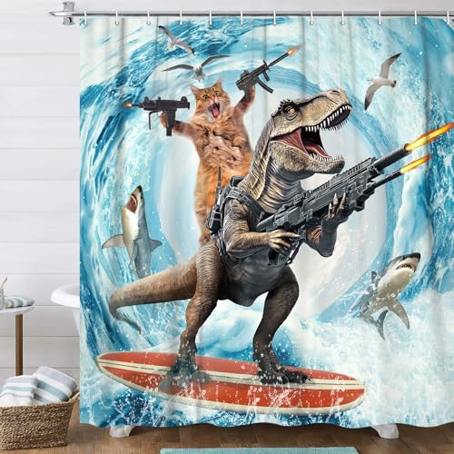 Image of Funny Cat Shower Curtain Set, Cute Cat Riding Dinosaur Surfing in Ocean Wave Ocean Theme Curtains for Bathroom, Surfer Dinosaur Nautical Polyester Fabric Waterproof Kids Bath Shower Curtain Decorative