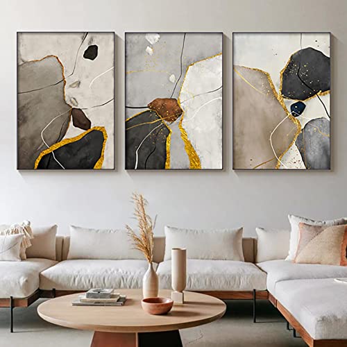 Art mural feuille d'or KEBIA 3 panneaux de 60x80cm de peinture sur toile sans cadre