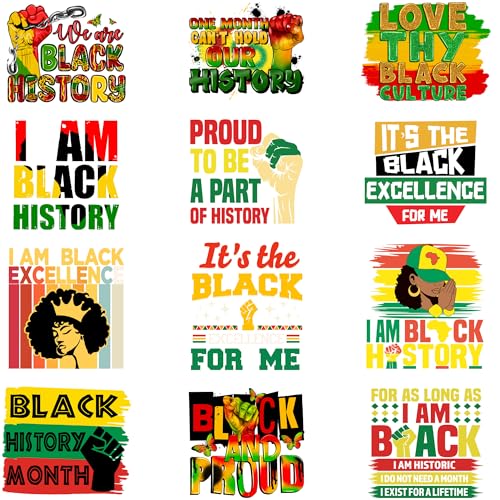 Image of 12pcs Black Histroy Month Iron On Transfer Heat Press Decals for T-Shirts Clothing Hoodies Washable Ready to Press Vinyl Sticker DIY Decoration Applique Small Size