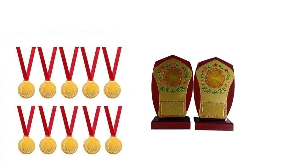 Rainy Forest Gold Medals Set of 10 2 inch and with 2 Trophy for Party Celebration Gift Sports Academy Awards for Teachers Students 2 pcs Multicolour Trophy 6 inch