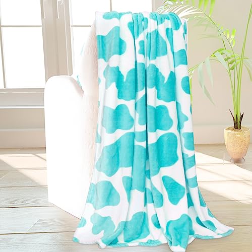 HSEEC Blue Plush Blanket Throws Cow Print Blanket Soft Fleece Flannel Small Throw Blanket for Couch 40x50 inch