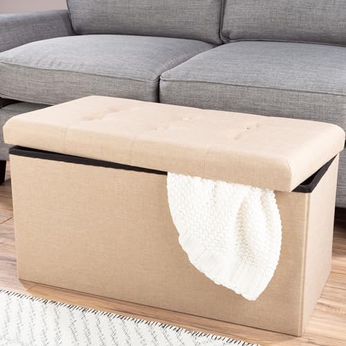 Image of Lavish Home Folding Storage Ottoman - Set of 2 30-Inch Tufted Footrest, Linen Chest, or Bench with Removable Bin for Living Room, Bedroom, or Dorm (Beige)