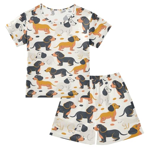 ALAZA Funny Dachshund Dog Yellow Black Pajamas Set Short Sleeve Cotton Sleepwear Summer Pjs 2 Piece 5-14Y