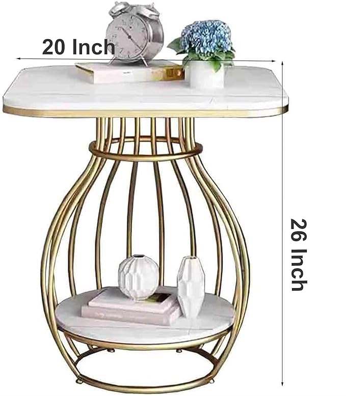 Image of Modern Side Table Corners Living Room Square Table Double Tier Sofa Side Table,Round Base Coffee Table,Portable Bedroom Nightstands Small Space (Gry White)
