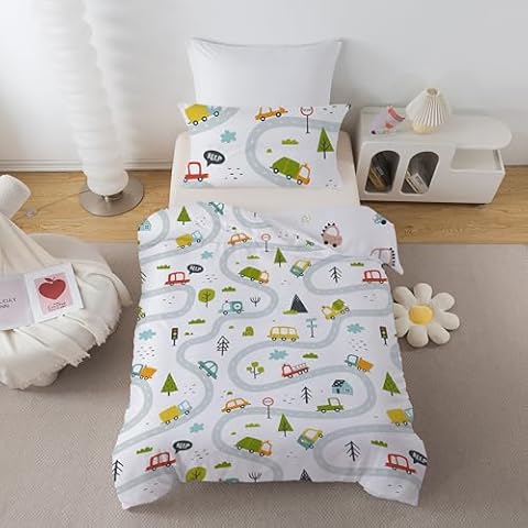 ROZTYLJ Cot Bed Duvet Cover Set Car Patterns Toddler Bedding Set Cover
