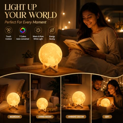 Image of One94Store 3D Moon Lamp 7 Colour Changeable Sensor Moon Night Light Lamp, Touch Control, Moonlight Lamp with Stand & USB for Bedrooms Valentine Gifts, Festival, Wedding Gifts (13 cm) Plastic, LED
