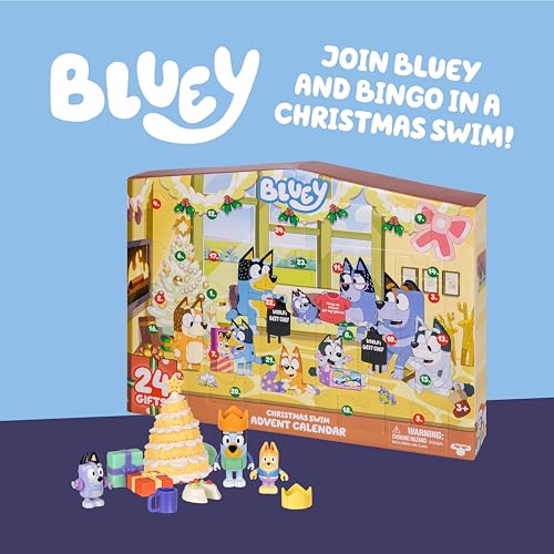 Image of Bluey Mini Figures Christmas Swim Advent Calendar, 24-Day Christmas Calendar Countdown with 3 Festive Stickers, Advent Calendars for Ages 3+