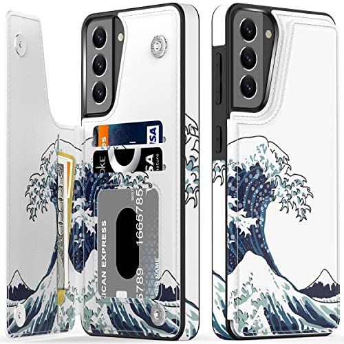 LETO Galaxy S21 Case,Luxury Flip Folio Leather Wallet Case Cover with Fashion Designs for Girls Women,Card Slots Kickstand,Protective Phone Case for Samsung Galaxy S21 6.2" Sea Waves