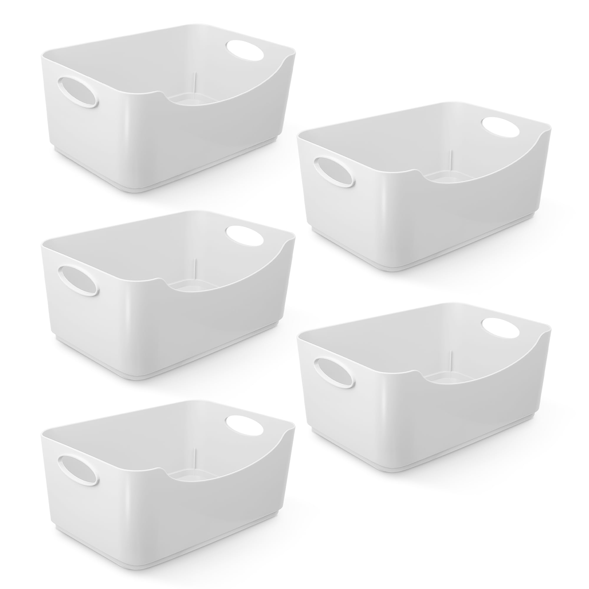 KEPLIN 5 Pack Plastic Storage Baskets with Handles, BPA-Free Dishwasher Safe Organiser Boxes for Kitchen, Bathroom, Pantry, Shelves & Drawers, Lightweight Space-Saving Containers, 22.3 x 14.8 x 10 cm
