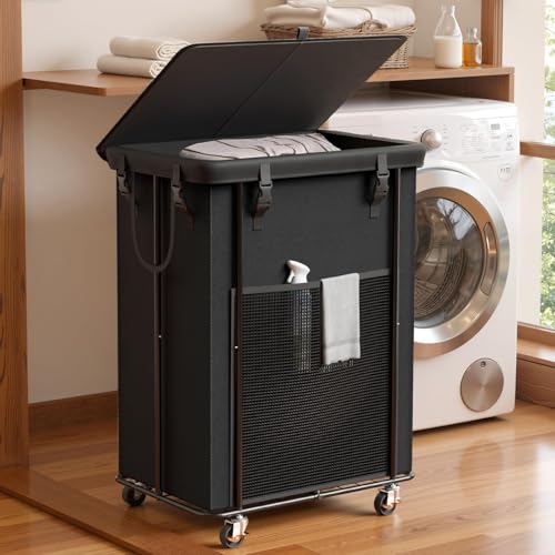 Image of 220L Laundry Hamper with Lid, Rolling Laundry Basket with Wheels, Large & Tall Dirty Clothes Hamper with Metal Frame and Removable Bag for Bedroom Aesthetic, Laundry Room, Bathroom, Dorm