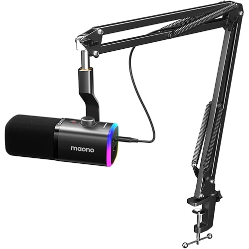 MAONO XLR/USB Gaming Microphone Kit: Dynamic PC Mic for Streaming Podcasting, Software Support, Mute Button, Gain Control, RGB Computer Mic with Boom Arm Stand, for Recording, PS4/PS5, PD100XS Black