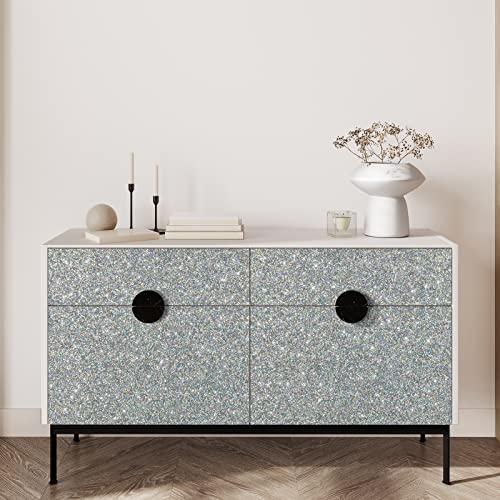 VEELIKE 15.7''x118'' Holographic Silver Glitter Wallpaper Stick and Peel Removable Sparkle Silver Glitter Contact Paper Self Adhesive Glittery Fabric Wall Paper Roll for Bedroom Walls Cabinets Drawers