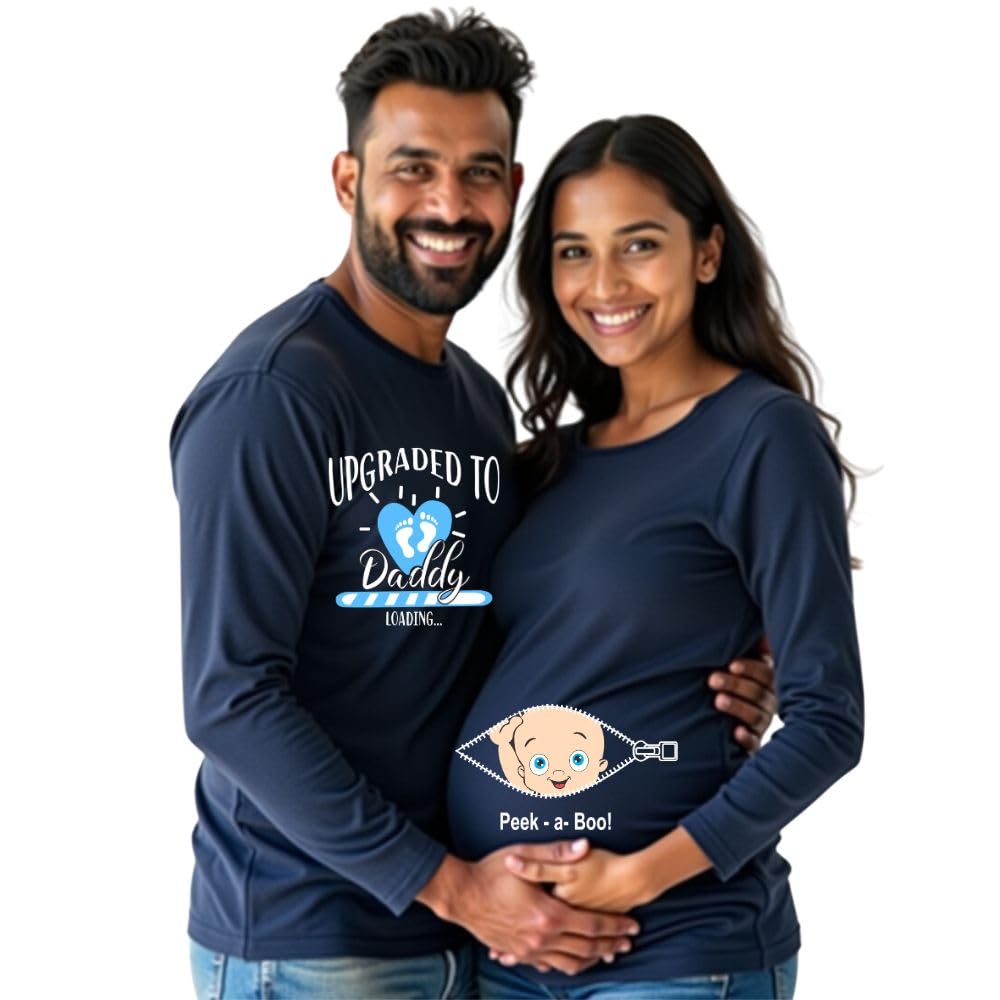 Maternity Regular Fit Tshirts Couple Dress Cotton Half and Full Sleeve Pregnancy Announcement Mom to Be Maternity Couple Tshirt for Photoshoot Pack of 2 (matcouple-Upgrade-todaddy)-image-35