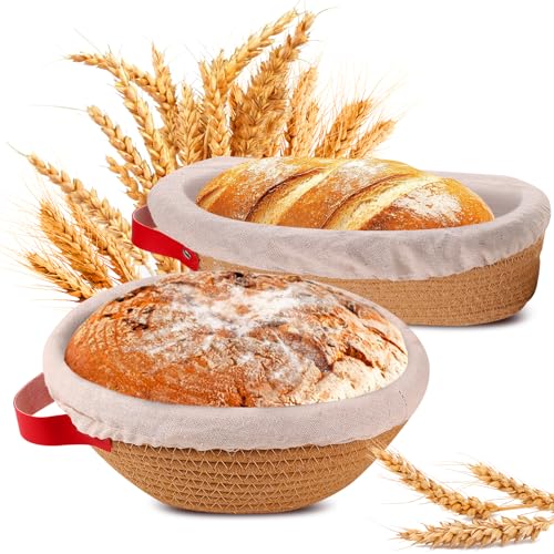 Yunkctuk Cestino da Lievitazione con Inserto in Lino e Coperchio, Set di 2 Ovale 26 cm & Rotondo 23 cm Cestino Fermentazione in Corda Cotone, Cestini Pane Banneton per Panettieri Professionisti