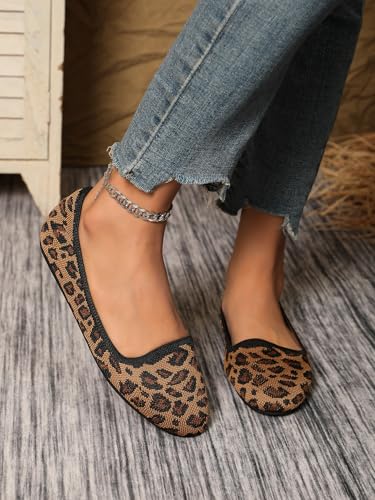 Women's Closed Round Toe Knit Ballet Flats Leopard Print Knitted Flat Shoes for Women Comfortable Work Slip On Flats Office Daily Casual Shoes3