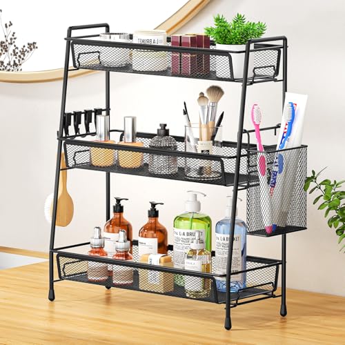 VITVITI 3-Tier Bathroom Organizer Countertop, Metal Wire Mesh Bathroom Counter Organizer Storage with Basket Hooks, Vanity Tray Shelf, Kitchen Spice Rack (Black)