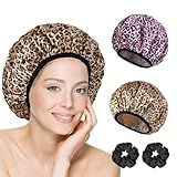 RosyReeds 2-Pack Reusable Waterproof Shower Caps for Women, Double-Layer Elastic Bath hat,Extra Large Hair Cap for Long Curly Hair（Leopard）