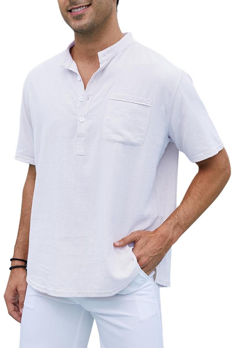 Joligiao Camisas Lino de Manga Corta para Hombre Color Sólido Shirts Casual Algodón Camisetas Camisas con Botónes Regular Fit Respirable Henley Camisas con Bolsillo