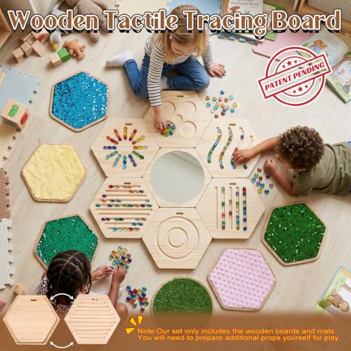 Image of 13-Piece Wooden Sensory Wall Panel Set with Double-Sided Activities,Hexagon | Double-Sided Tactile Boards with Interchangeable Texture Pads,Fine Motor & Finger Tracing Paths