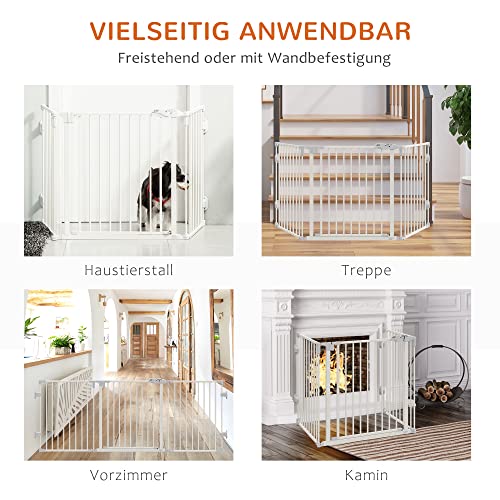 PawHut Absperrgitter Hund Freistehendes Verstellbares Schutzgitter 202,5 x 76 cm Hundegitter Klappbar Türschutzgitter Hundeabsperrgitter für Treppen, Türen, Küche, Flur, 3 Paneelen, Weiß