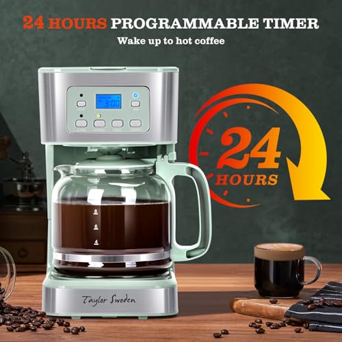 Image of Taylor Swoden 12-Cup Programmable Coffee Maker, Regular & Strong Brew Drip Coffee Machine for Home and Office, Glass Carafe, Pause & Serve, Auto Shut Off, Green & Stainless Steel