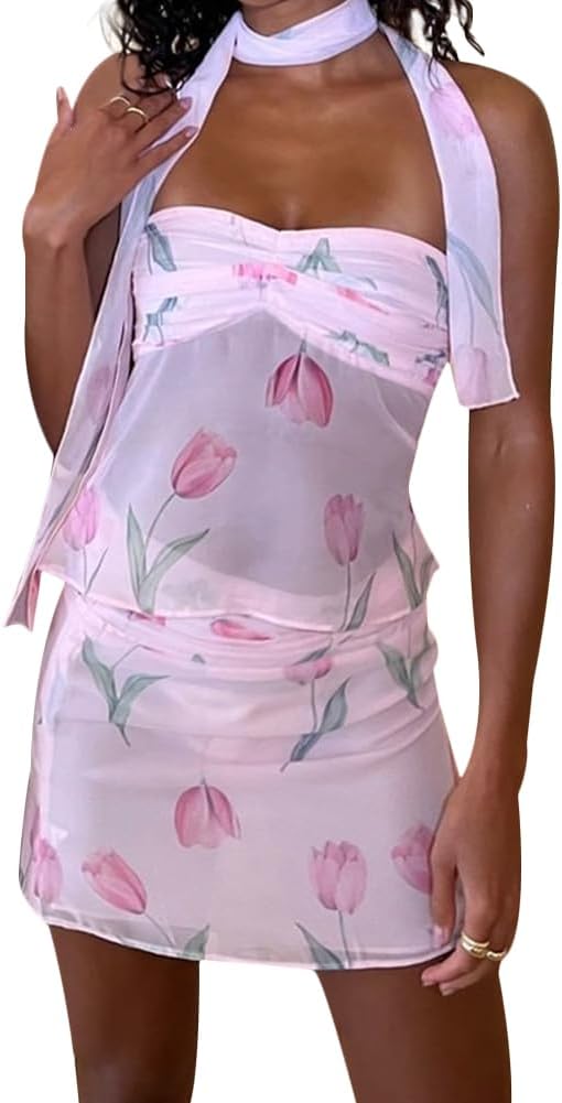 Women's Sexy Flower Dress Set Strapless Tube Top+Fashion Slim Fit Mini Skirt