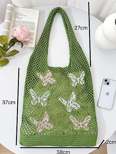 ENBEI boho Bags, Shoulder knit bag, y2k Tote bag aesthetic,Crocheted tote cute for women,hippie gifts (Green with six butterflies)