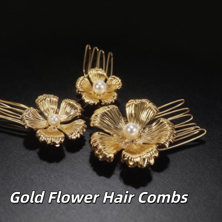Set de 3 Peines Dorados con Flor y Perla Brillante miniatura 2